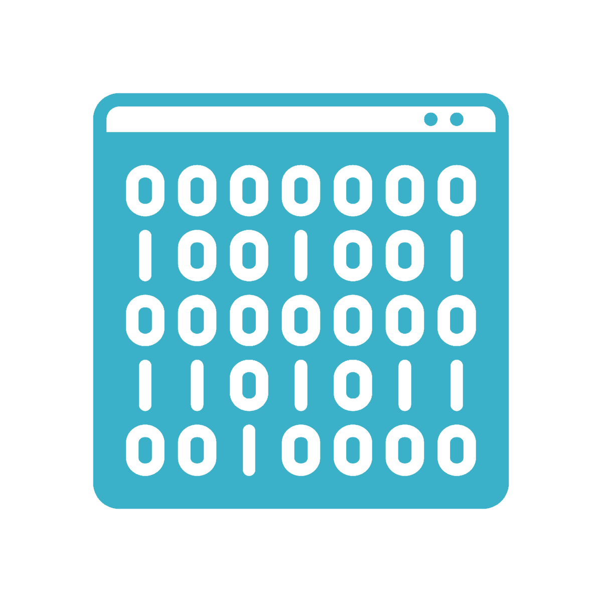 Blue rounded-square icon with a grid of 0s and 1s representing binary data or computing.